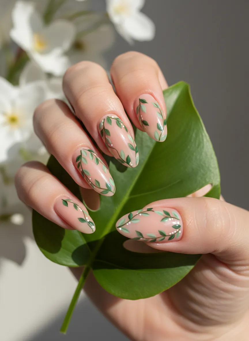 Negative space botanical Spring Acrylic Nails Ideas 2025
