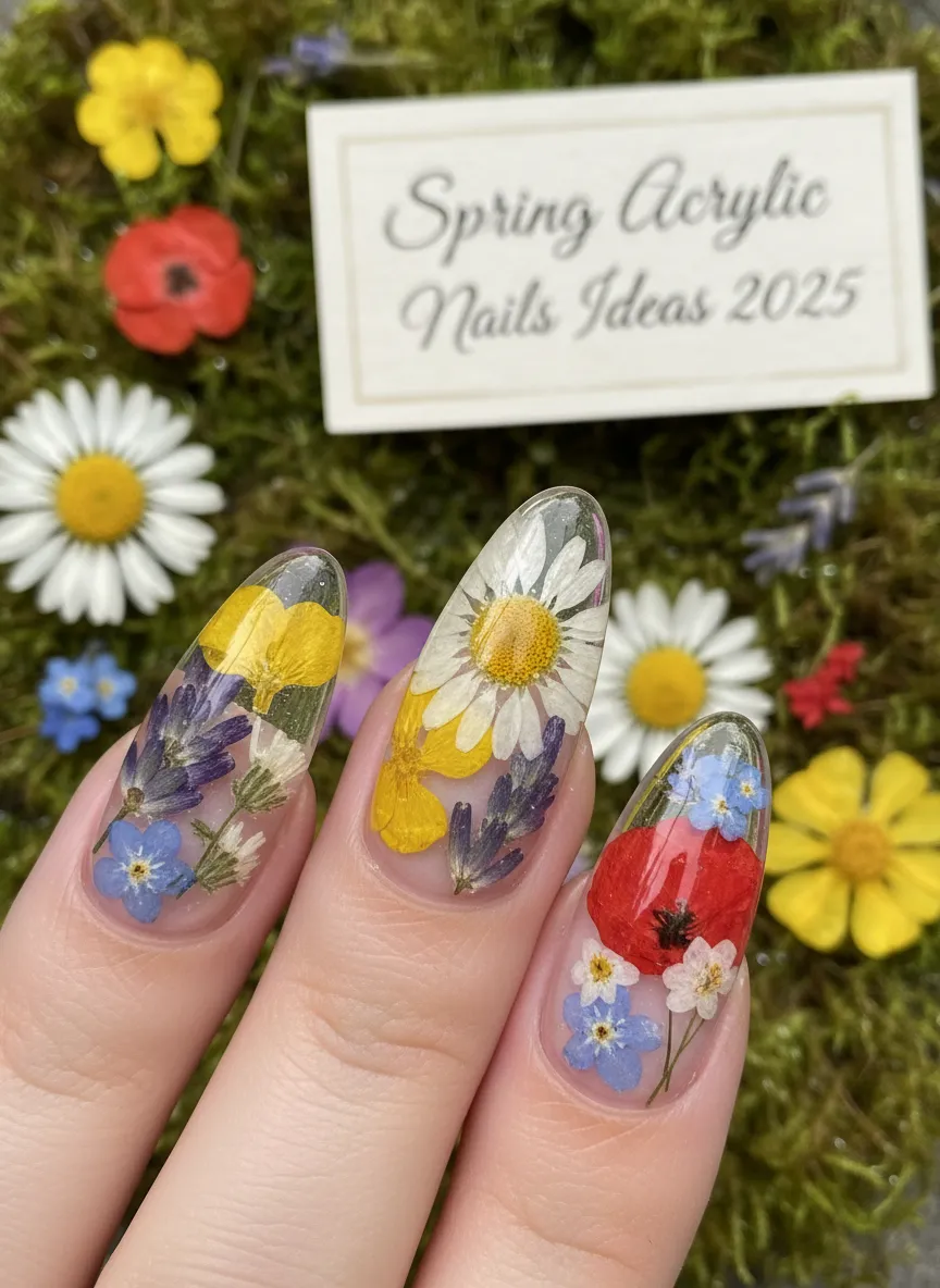 Pressed wildflower encapsulated Spring Acrylic Nails Ideas 2025