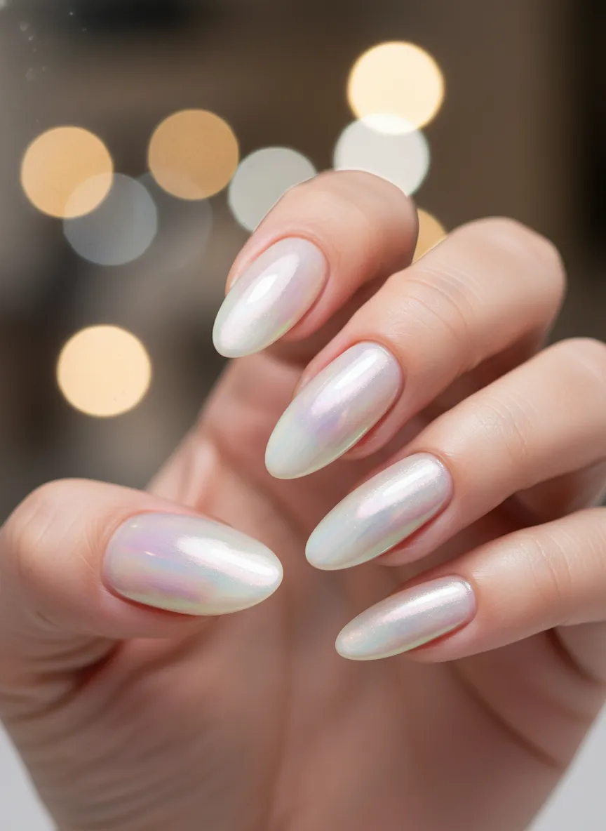 Iridescent Glazed Donut Chrome Manis on almond nails