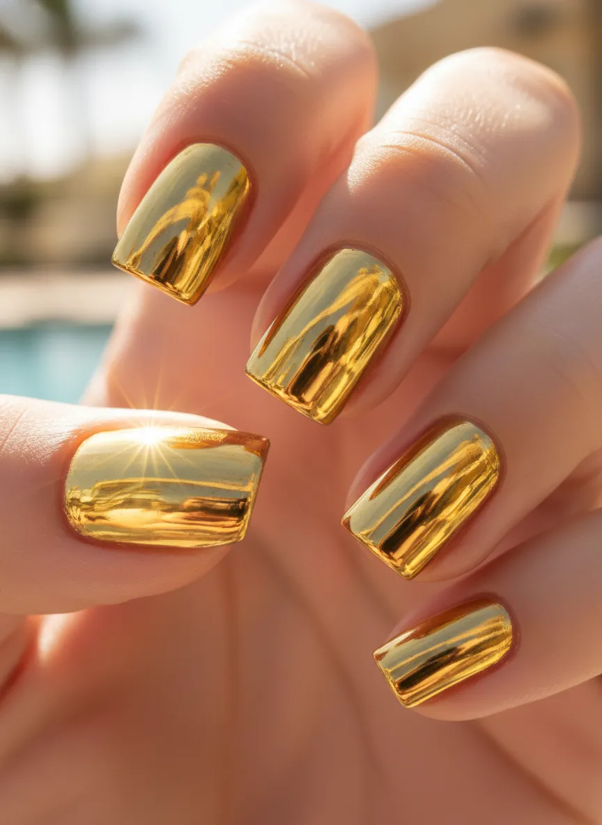 Liquid Molten Gold Chrome Manis with high shine