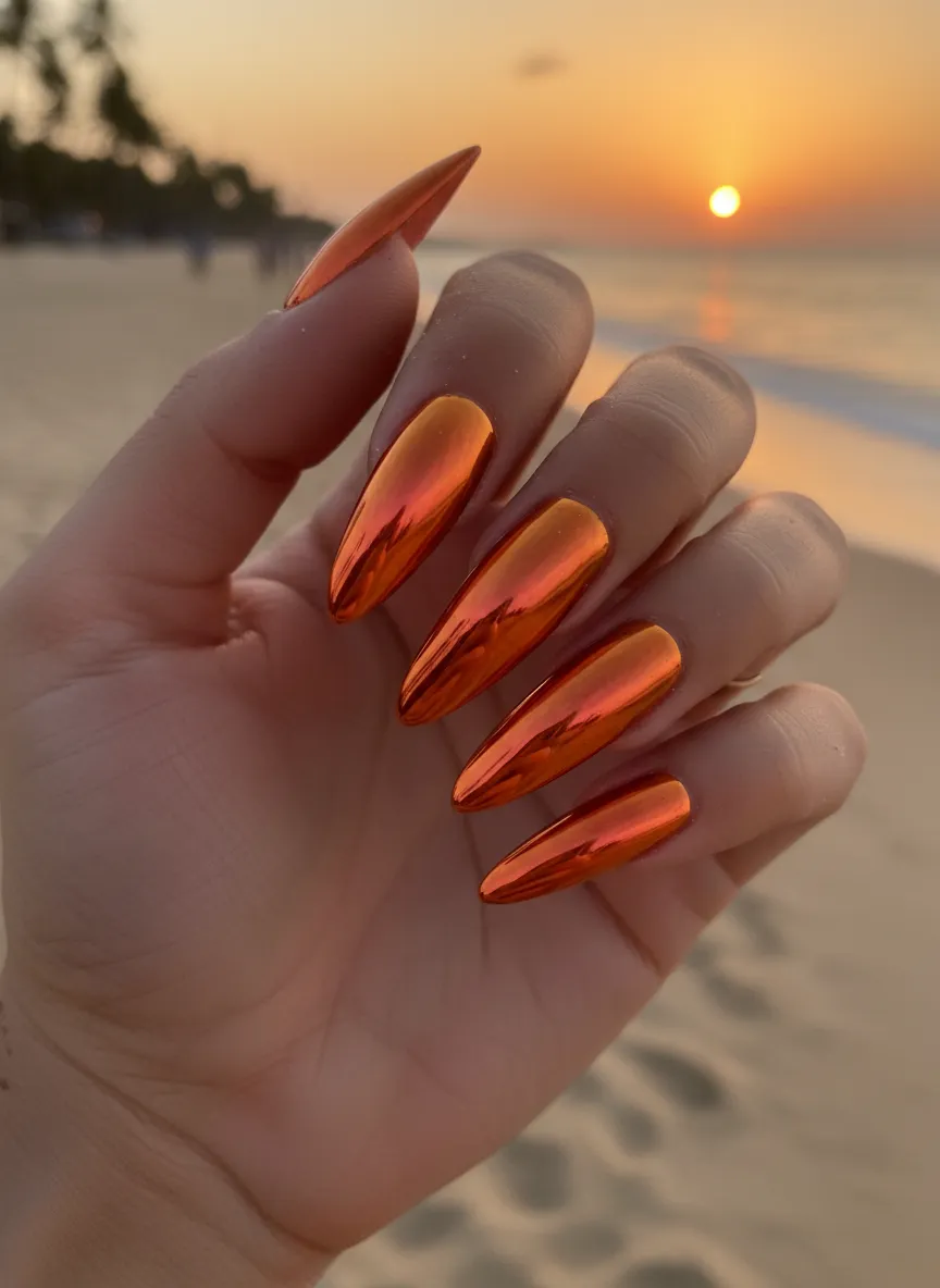 Sunset Orange Reflection Chrome Manis with gold shift