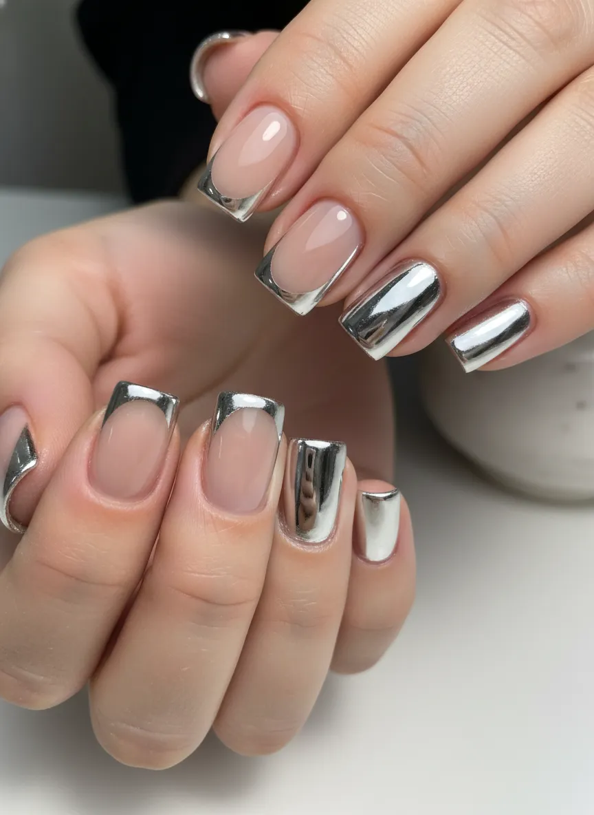 Silver French Tip Chrome Manis on a nude base
