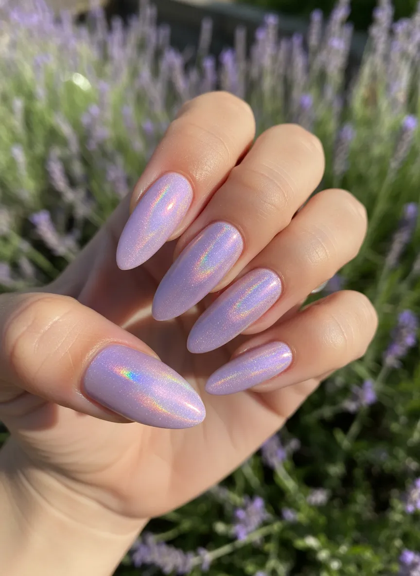 Lavender Holographic Dream Chrome Manis with rainbow shift