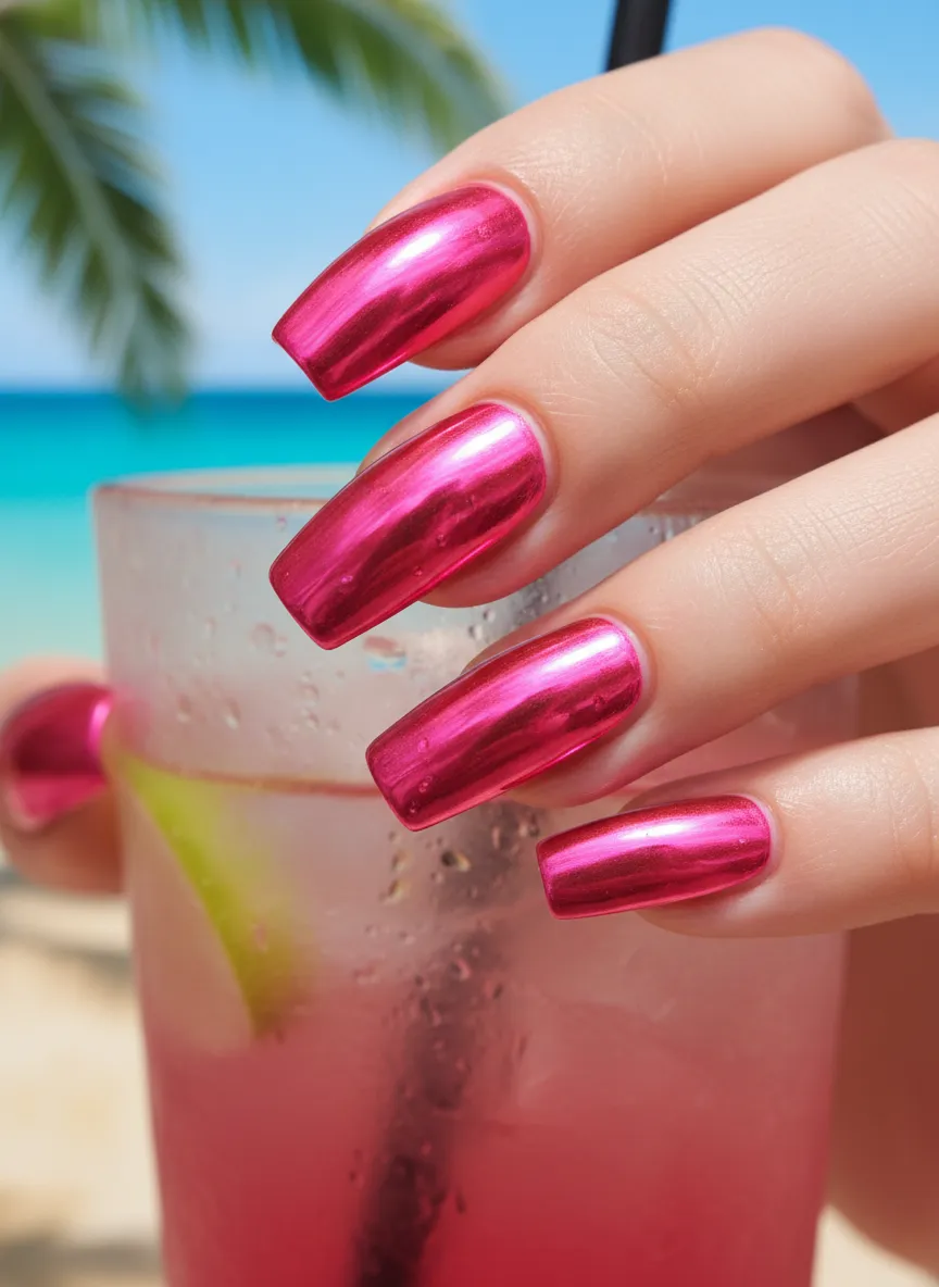 Barbie Pink Metallic Chrome Manis in hot pink