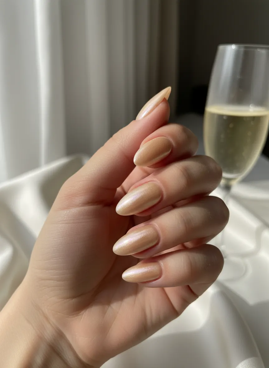 Champagne Pearl Elegance Chrome Manis with soft glow