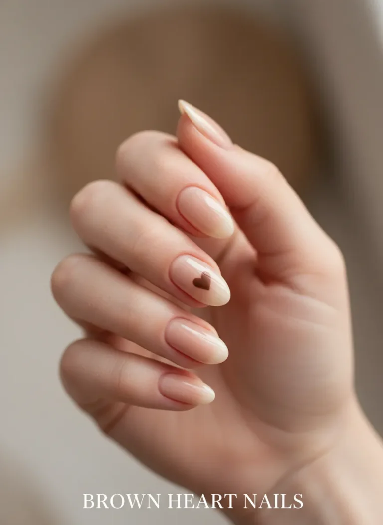 Minimalist mocha brown heart nails on almond shaped manicure