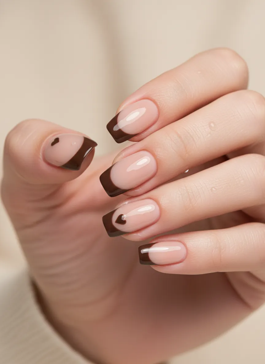 Chocolate French tips with brown heart nails accents