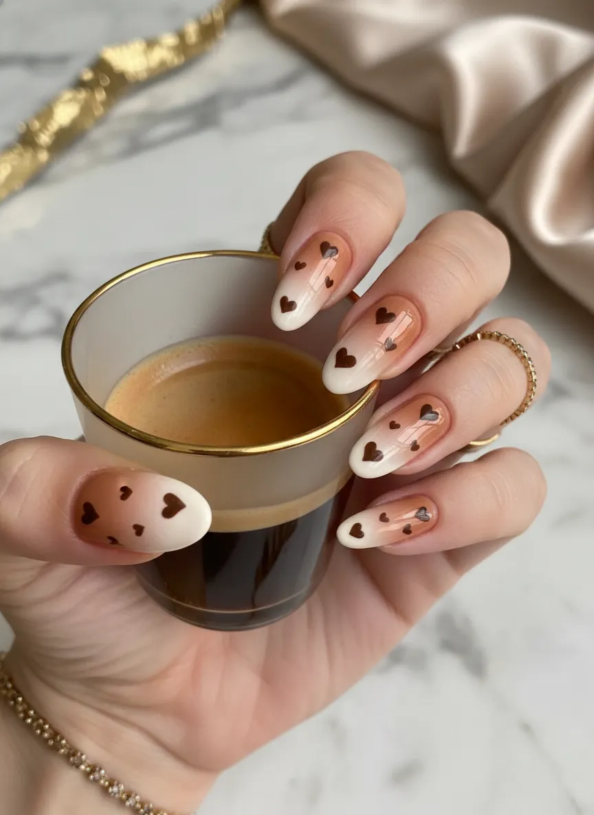 Creamy nude ombré with dark brown heart nails