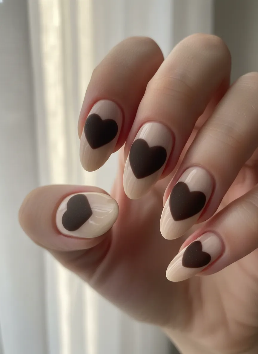 Matte espresso hearts on glossy brown heart nails