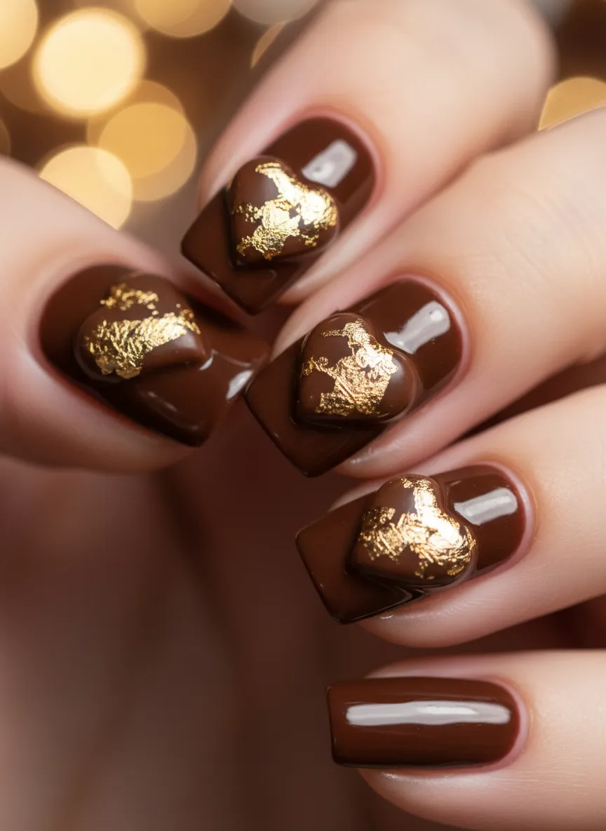 Golden flecked chocolate brown heart nails