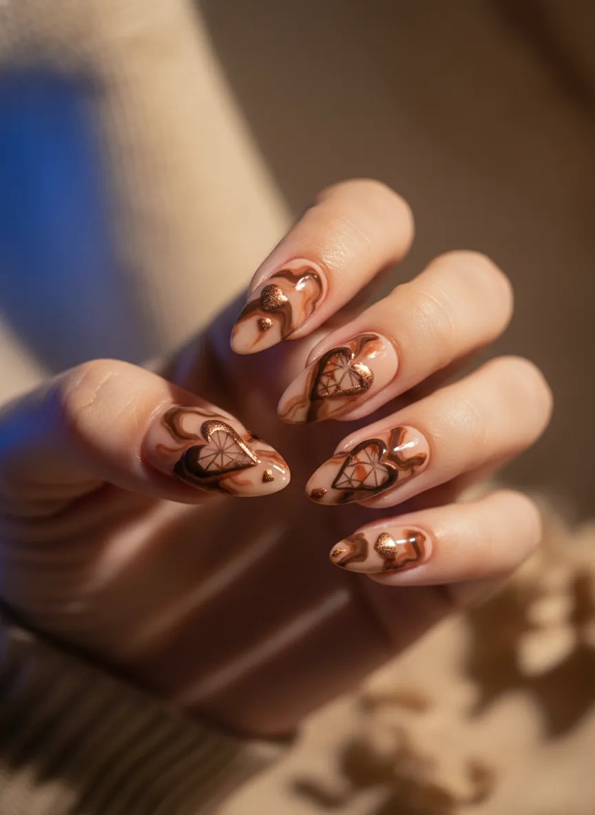 Abstract art style brown heart nails