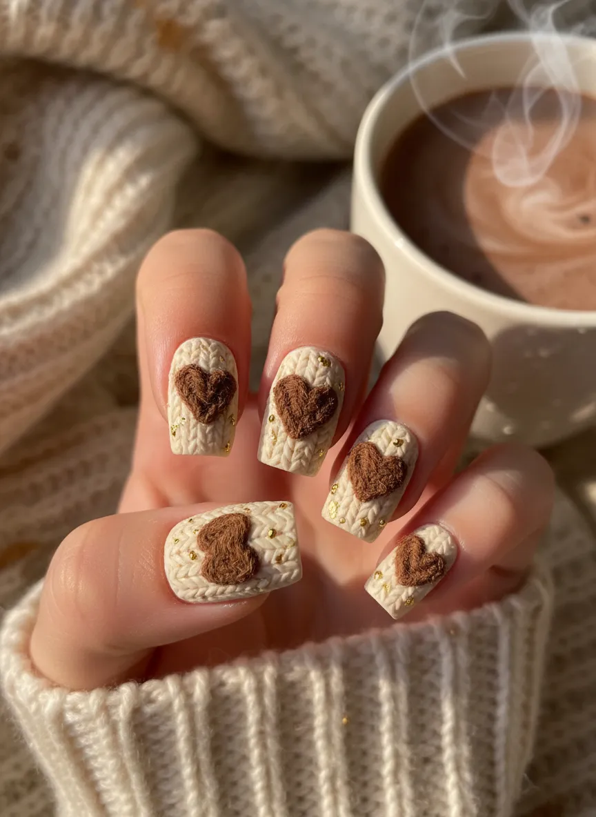 3D sweater texture brown heart nails