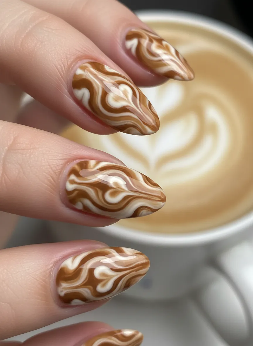 Caramel swirls and latte art brown heart nails