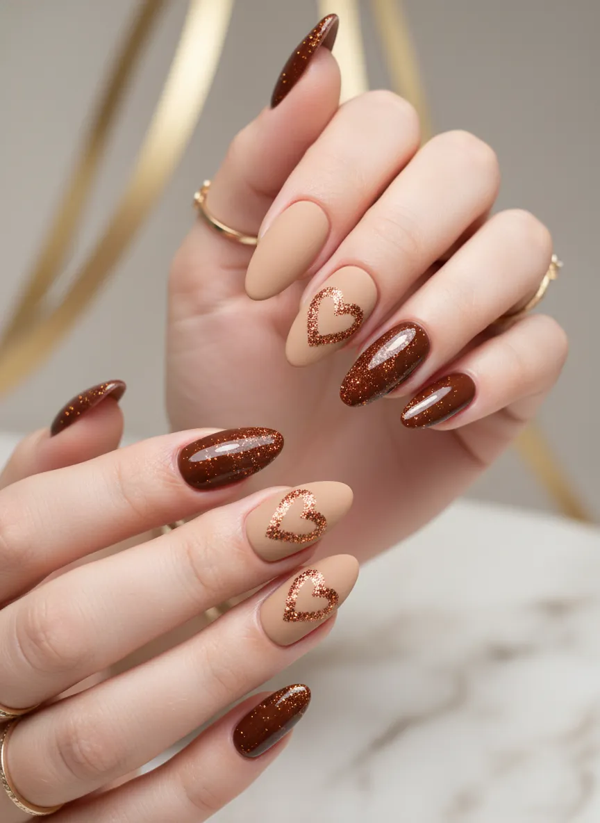Glittery bronze accent brown heart nails