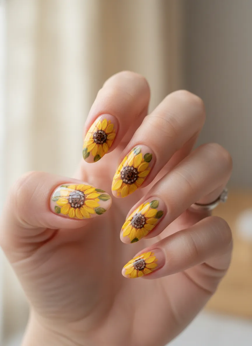 Classic sunflower nail design ideas on nude base