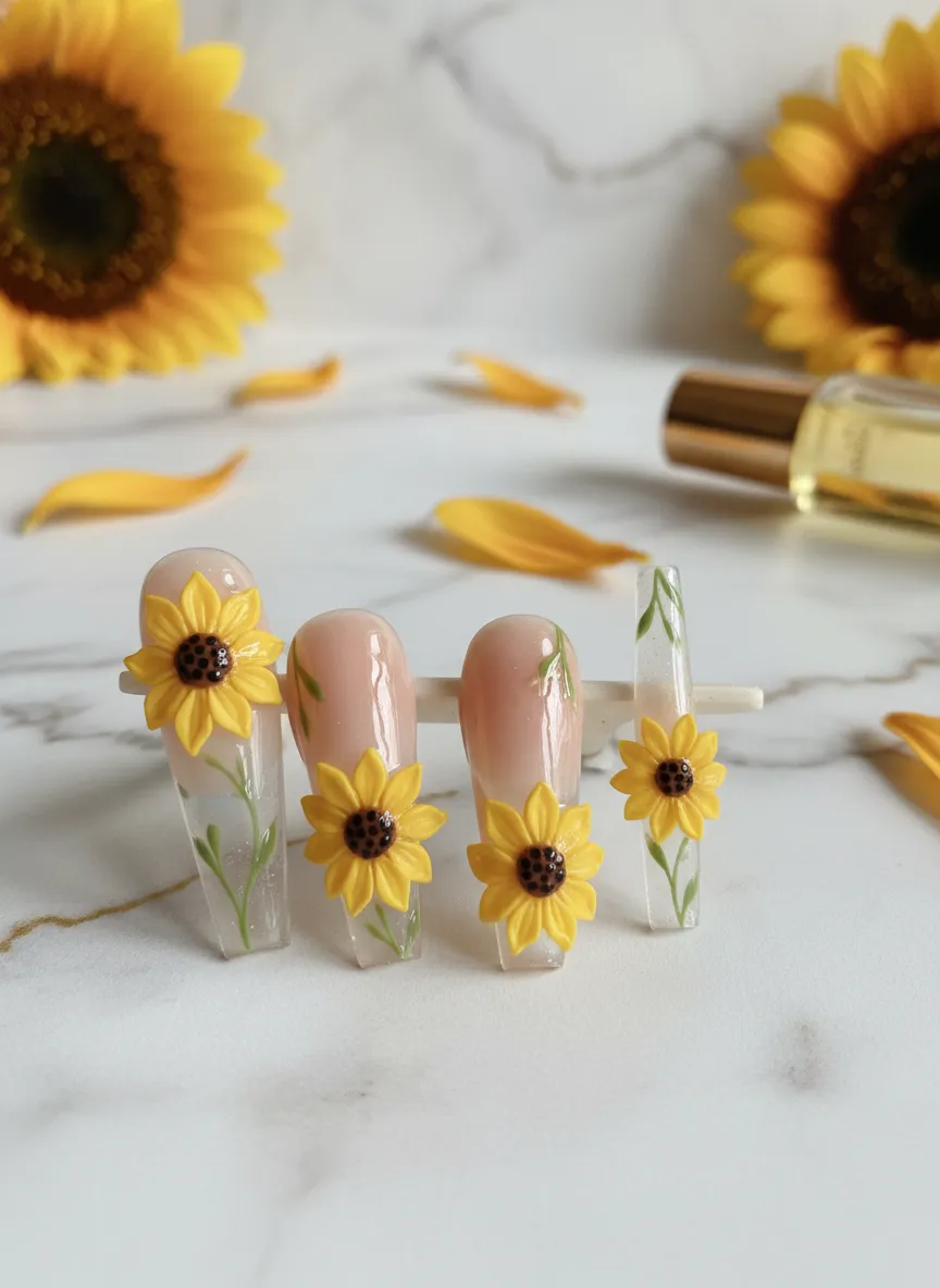 Sunflower nail design ideas with French tips