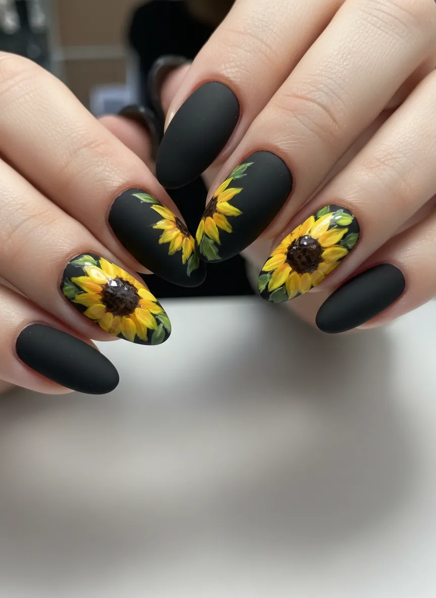 Matte black sunflower nail design ideas