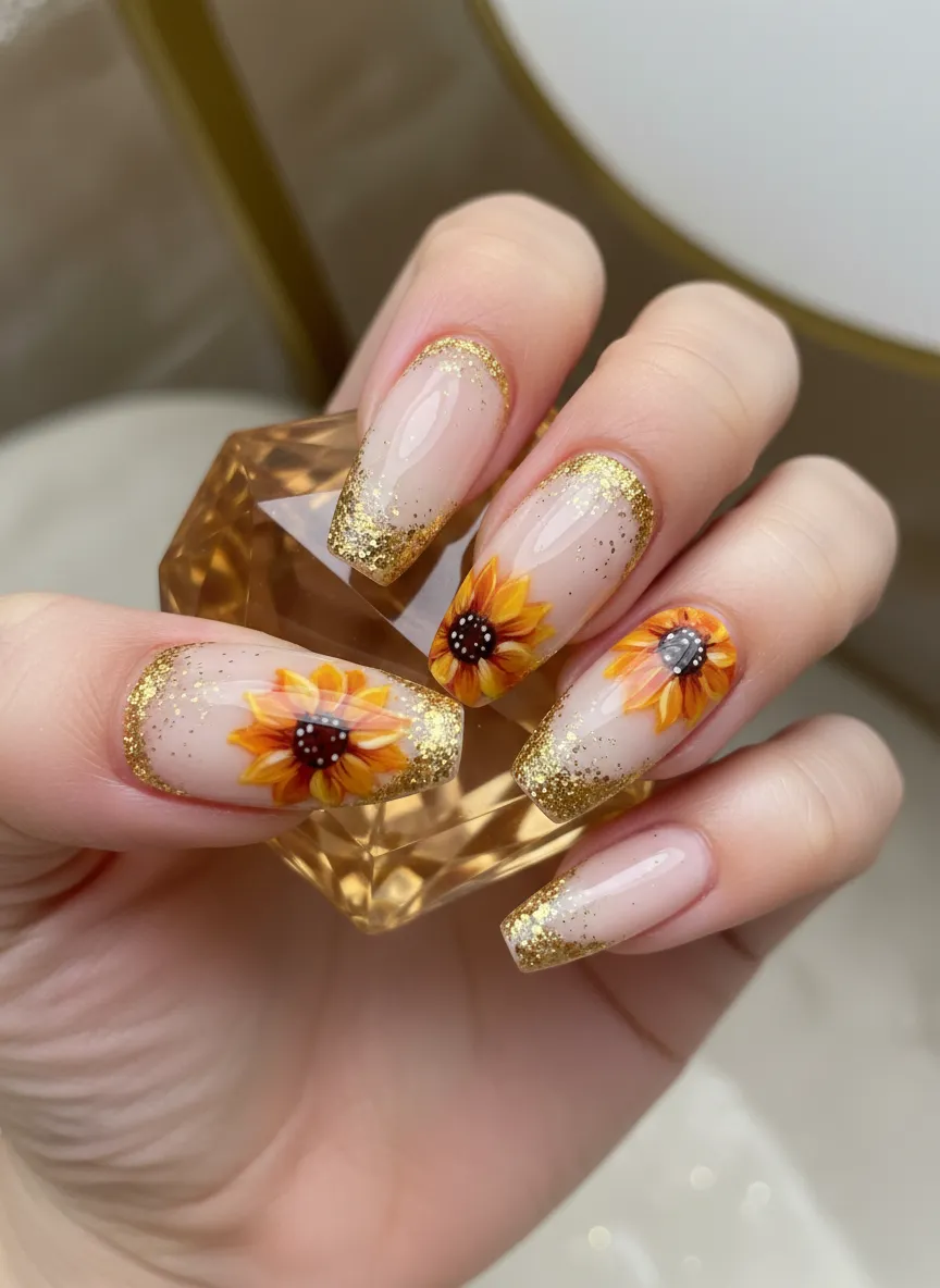 Glittery sunflower nail design ideas