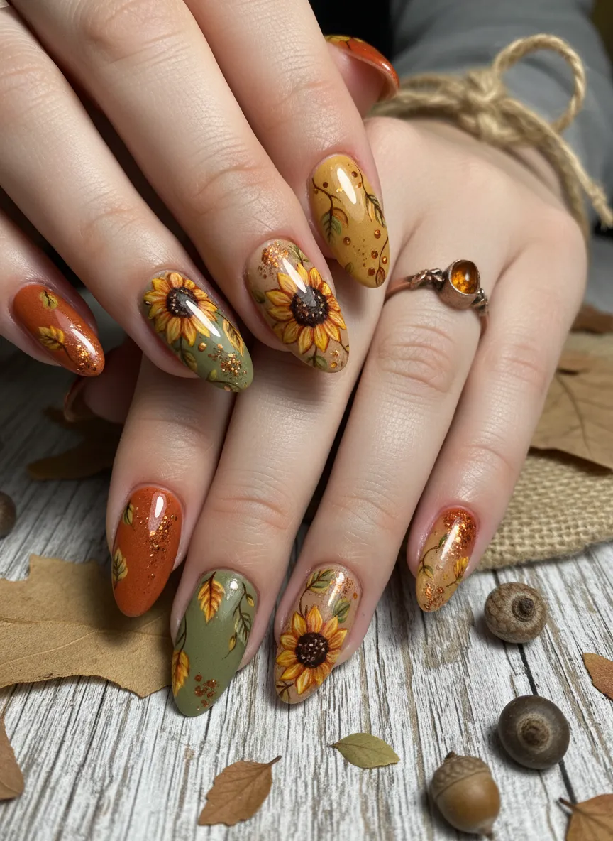 Rustic fall sunflower nail design ideas