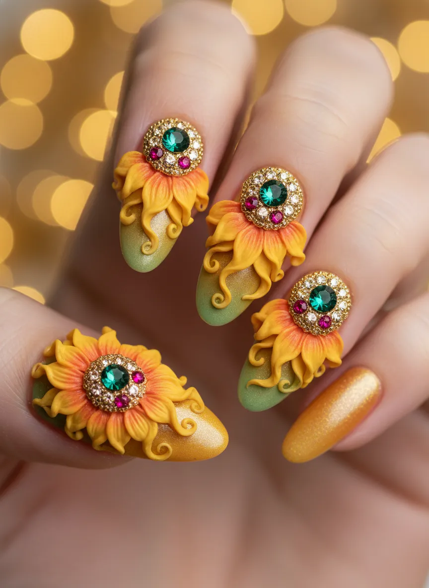3D sculpted sunflower nail design ideas