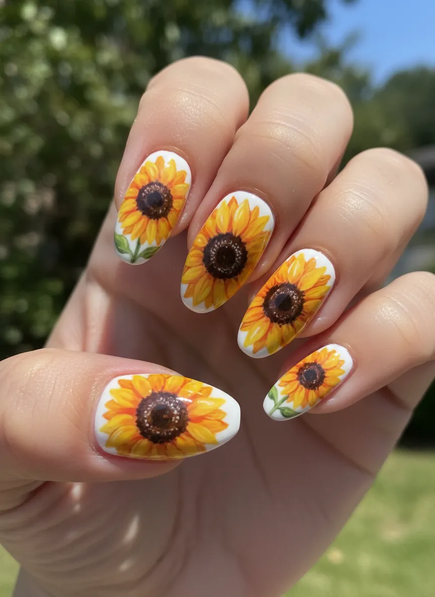 White and yellow sunflower nail design ideas