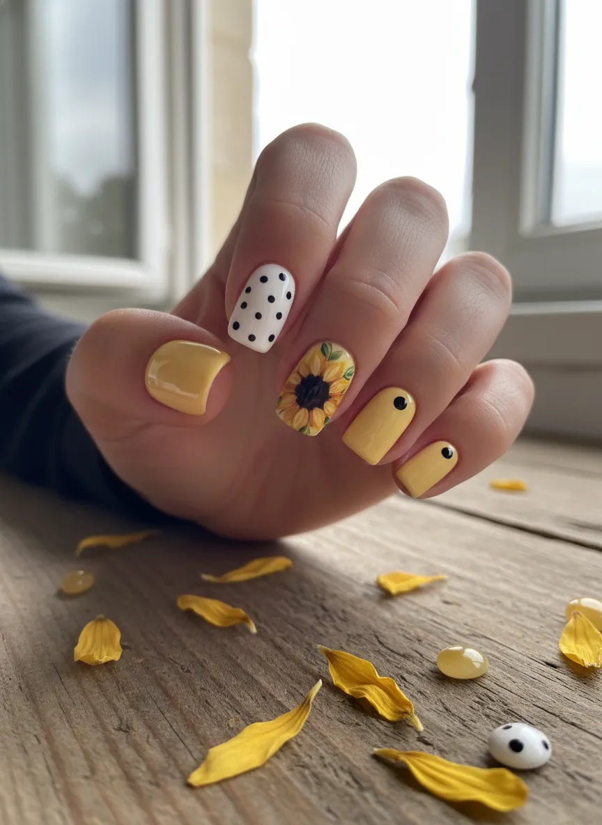 Mismatched sunflower nail design ideas