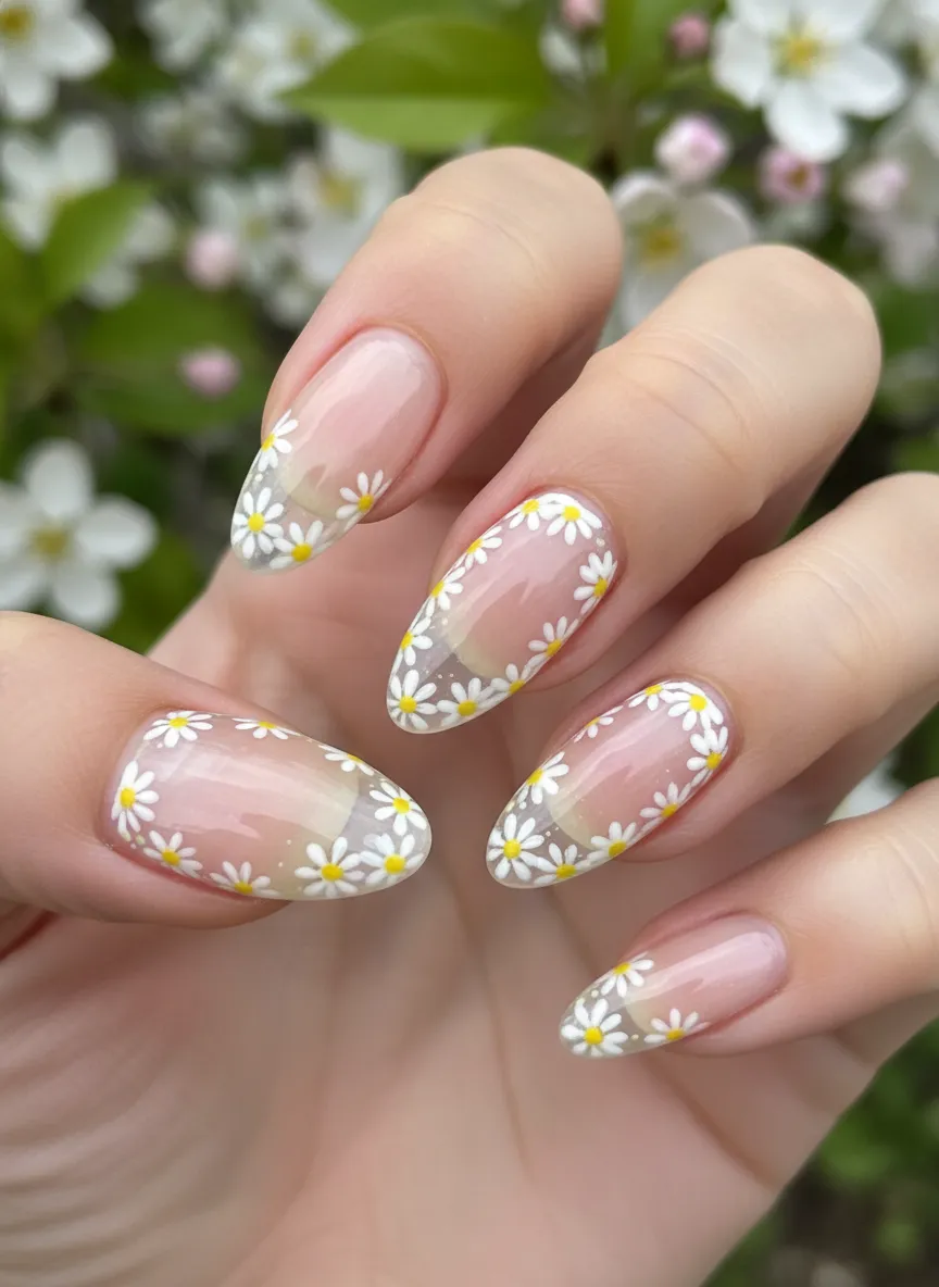 Daisy border elegant nail designs for the spring season