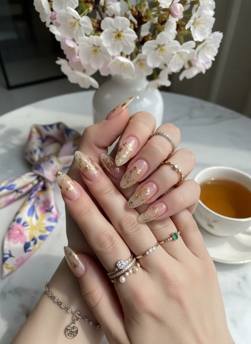Nude and gold elegant nail designs for the spring season