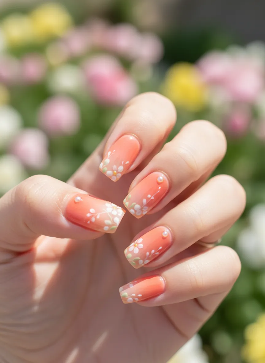 Peach gradient elegant nail designs for the spring season