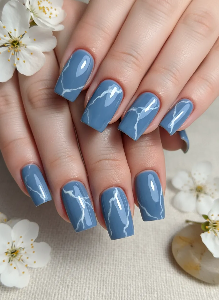 Blue marble elegant nail designs for the spring season