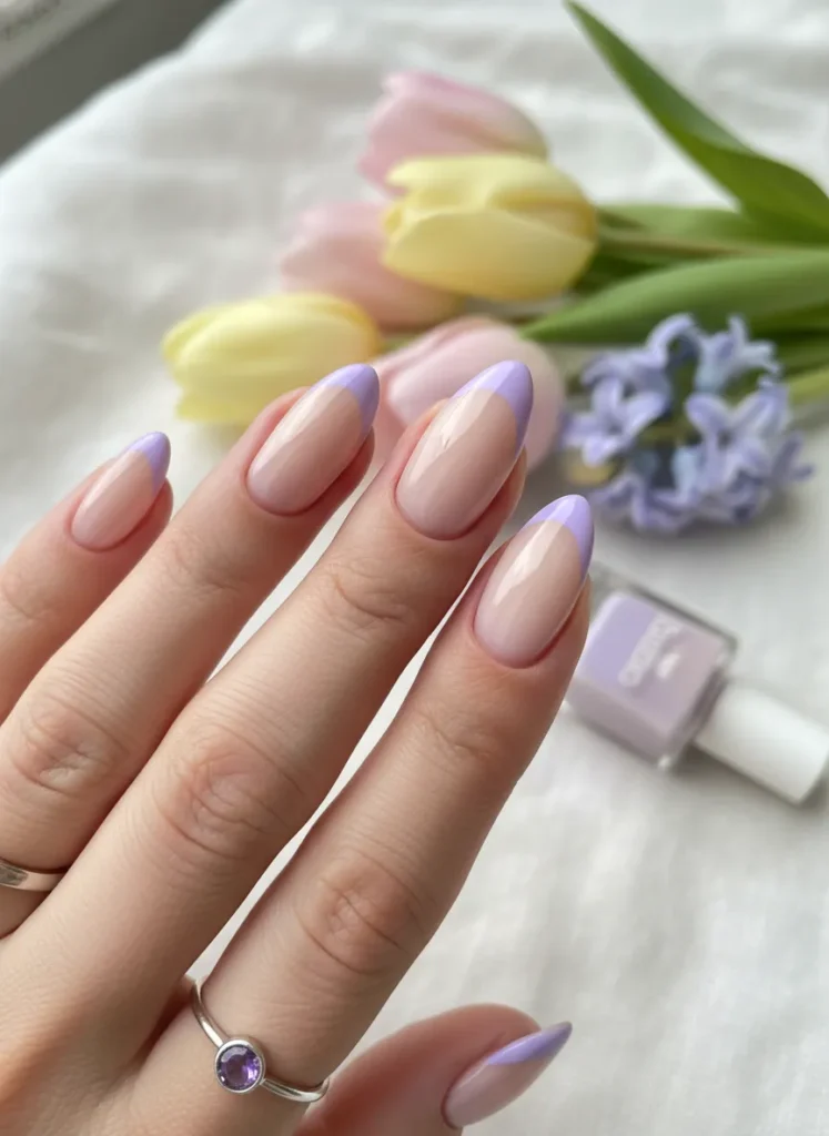Elegant lavender French tip Pastel Nail Ideas for spring