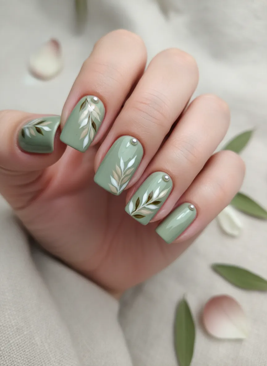 Sage green botanical Pastel Nail Ideas
