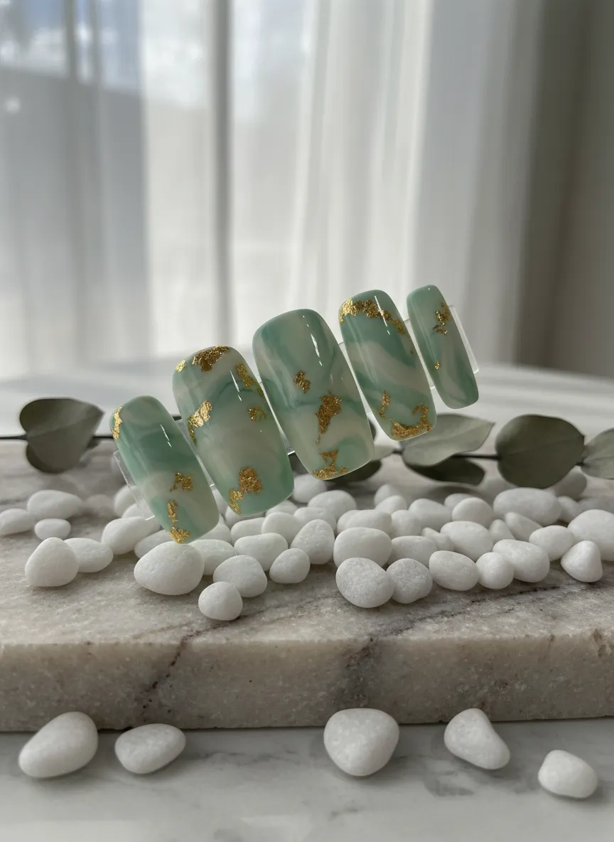 Mint green marble swirl Pastel Nail Ideas