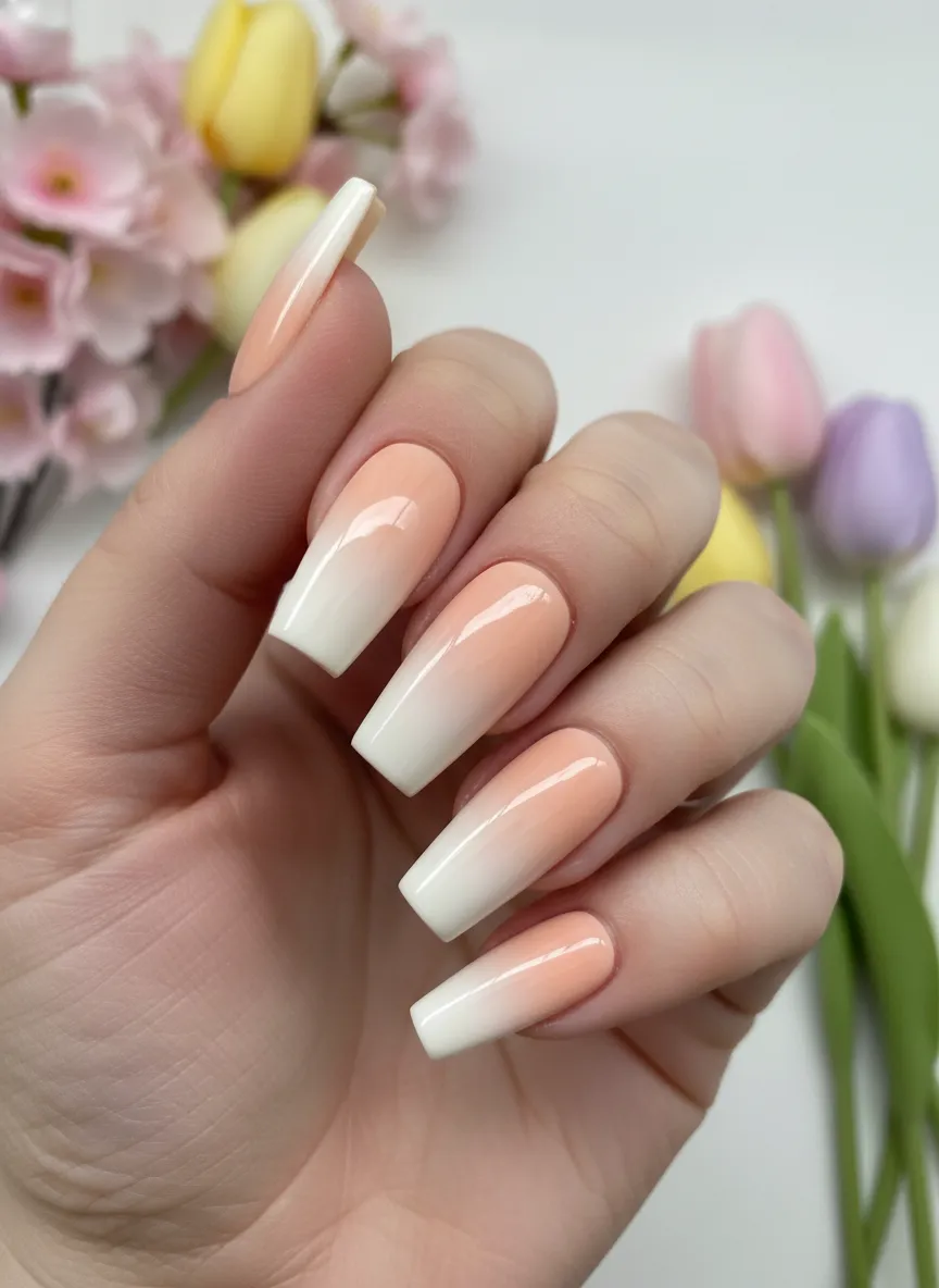 Soft peach ombré Pastel Nail Ideas for a warm spring look