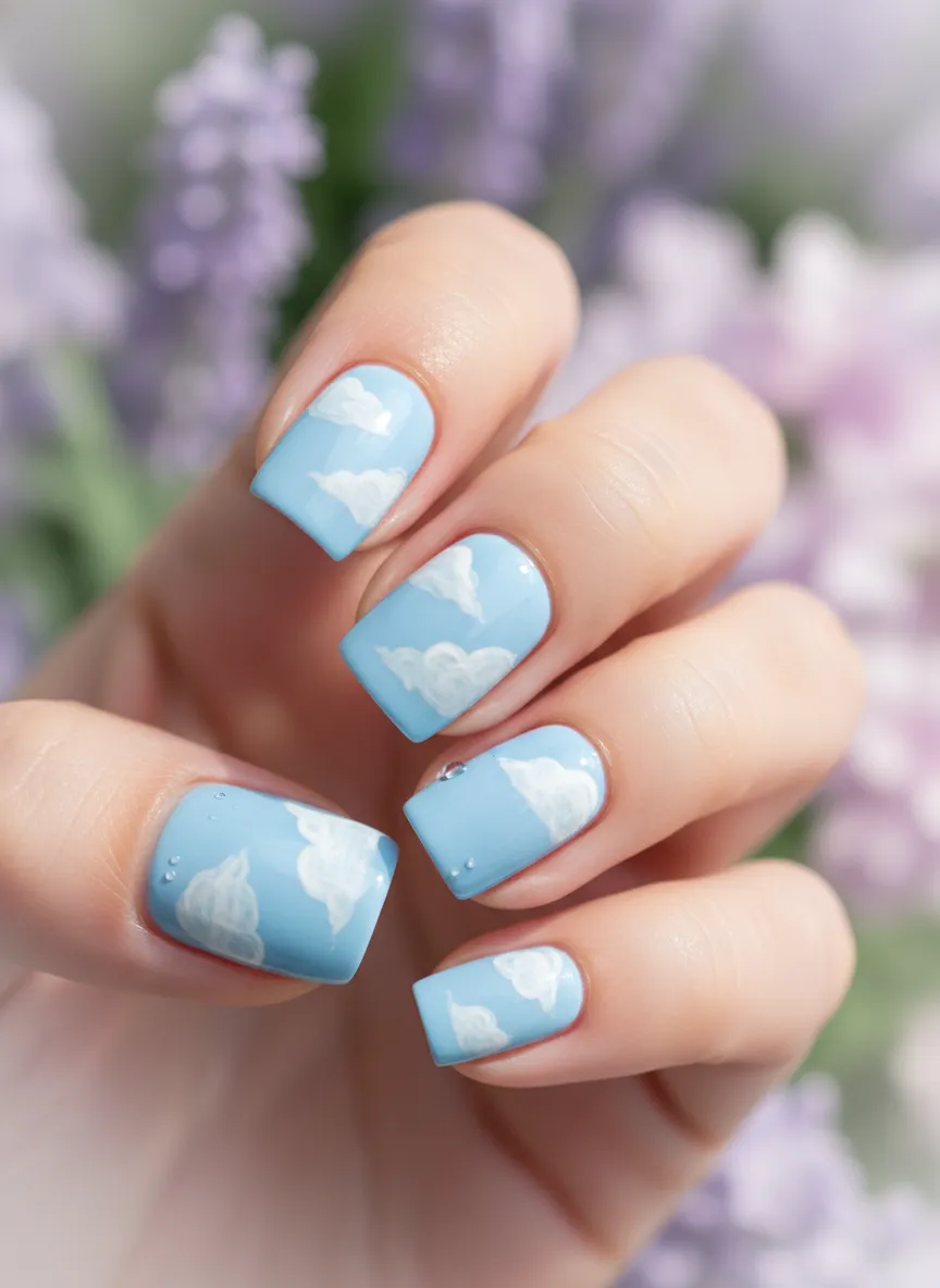 Baby blue and white cloud art Pastel Nail Ideas