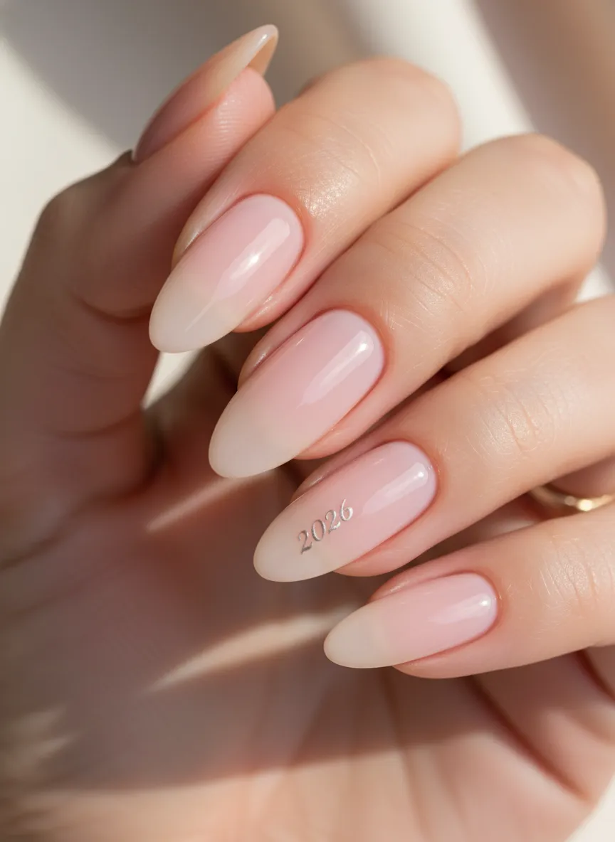Soft milky pink nails for 2026 on almond shaped hands
