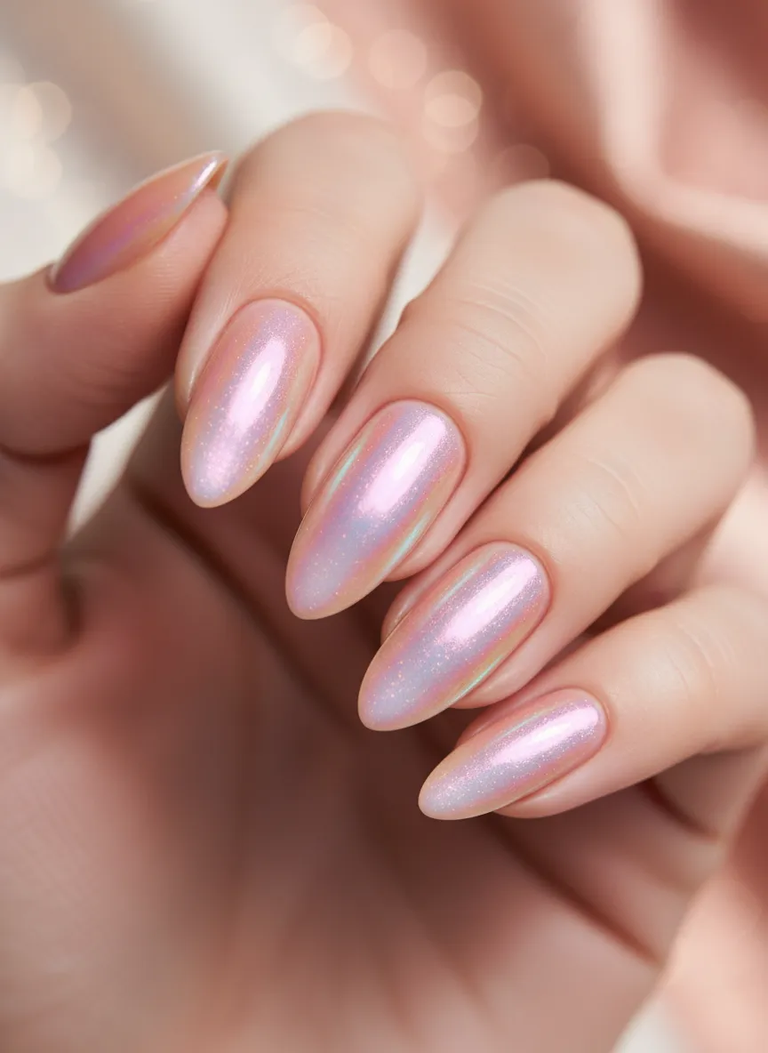 Iridescent pearl pink nails for 2026 with aurora glow