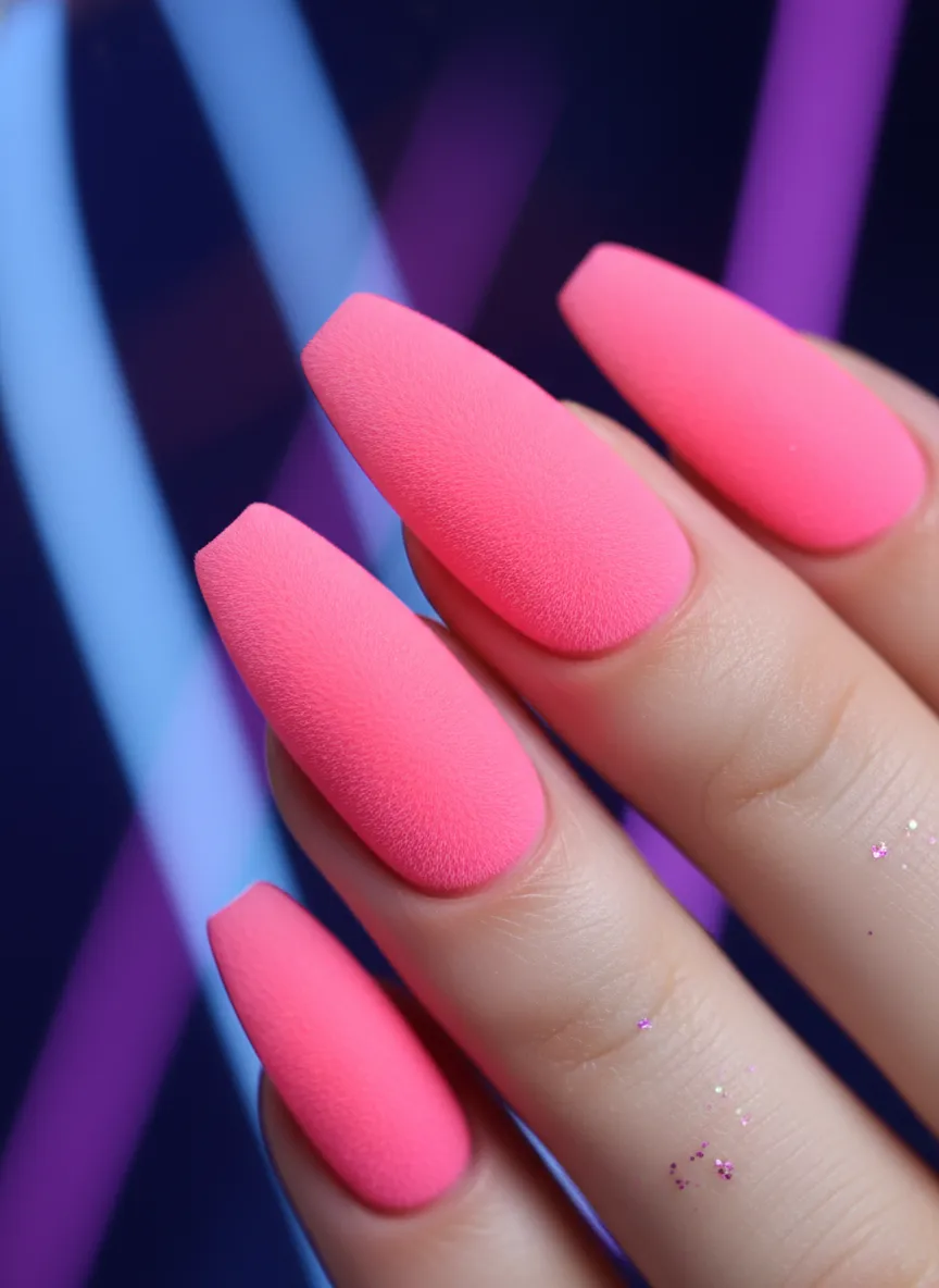 Neon Barbiecore pink nails for 2026 with matte texture