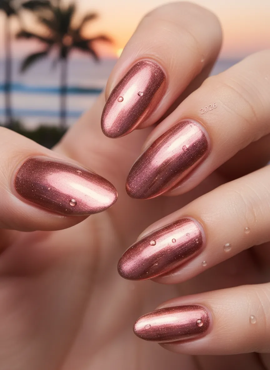 Rose gold chrome pink nails for 2026 reflective finish