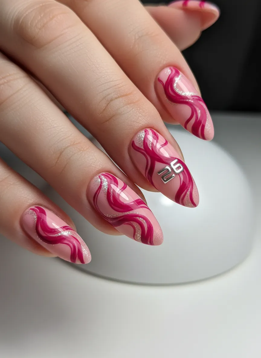 Abstract magenta swirls on pink nails for 2026