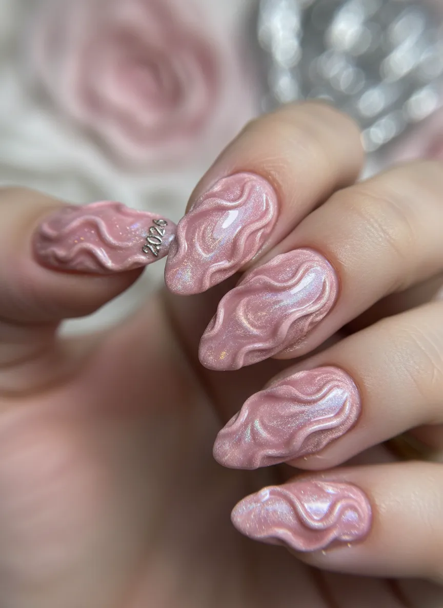 Velvet 3D rose petal effect on pink nails for 2026
