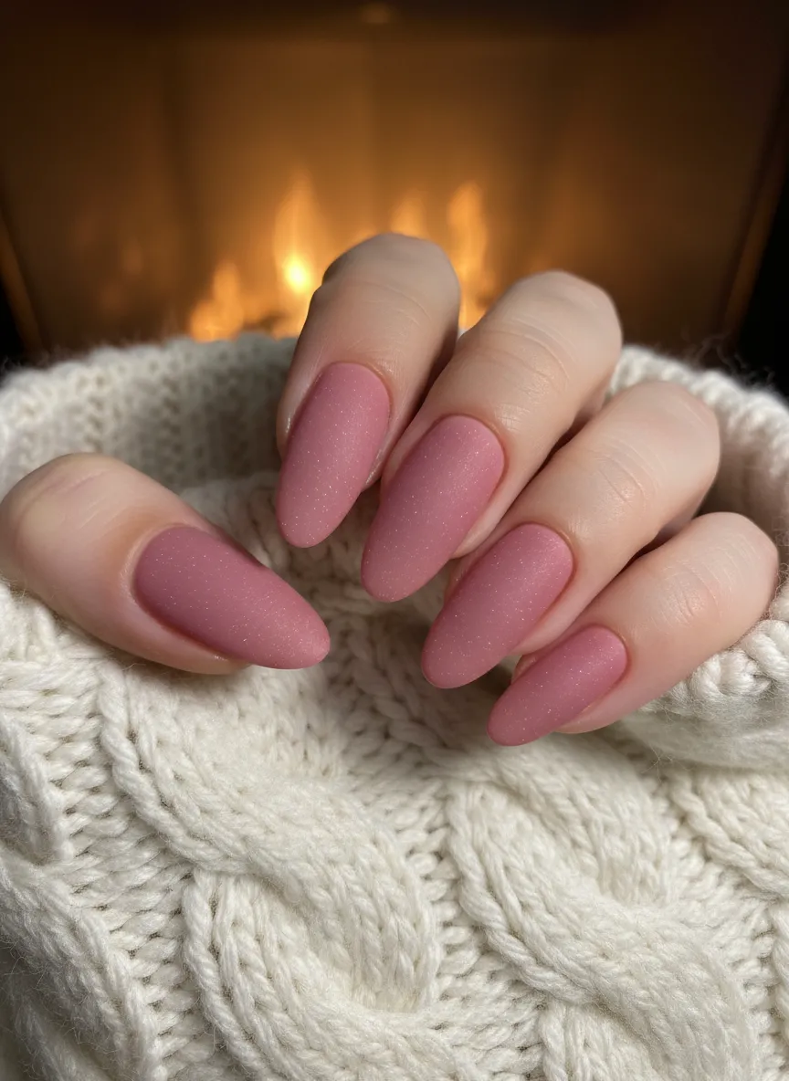 Dusty rose matte pink nails for 2026 on cozy background