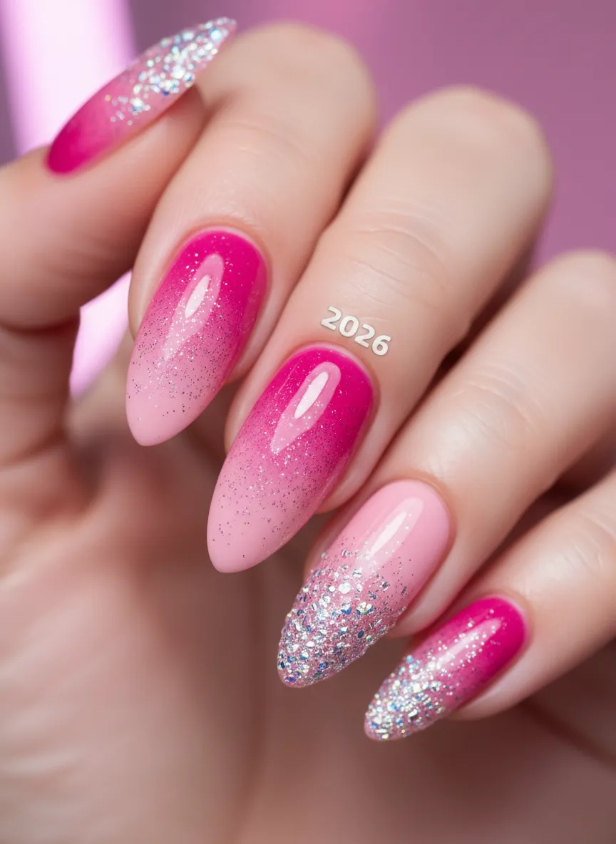 Sparkling fuchsia ombré pink nails for 2026