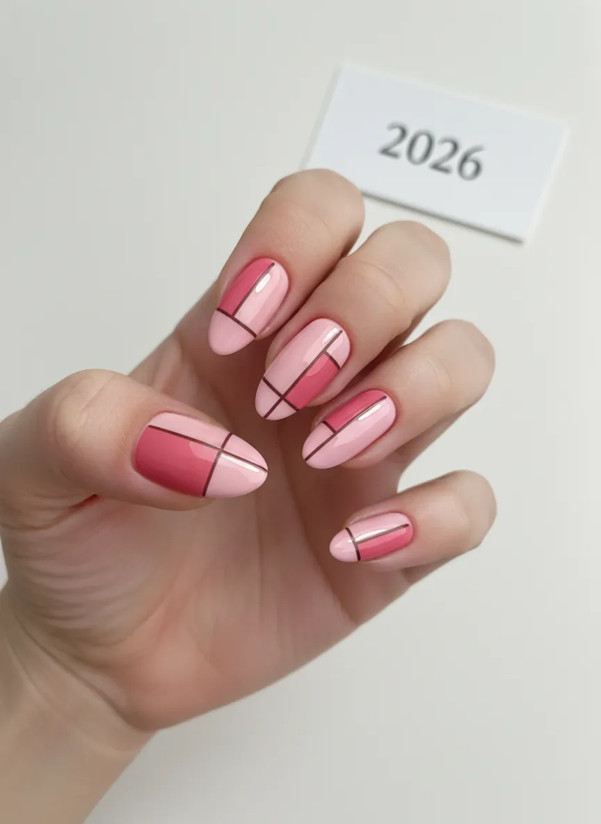 Geometric blush blocks on pink nails for 2026