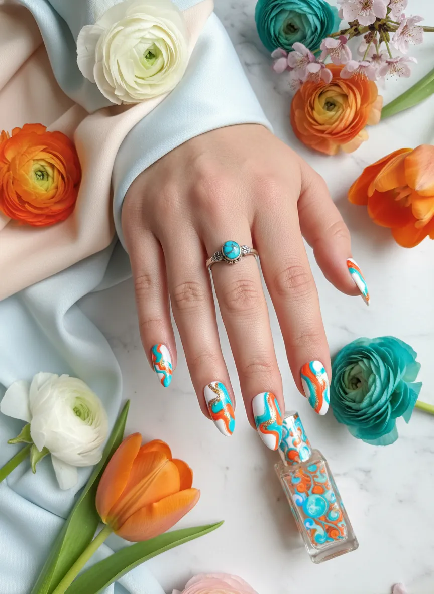 popular nail designs for the spring season vibrant abstract swirls
