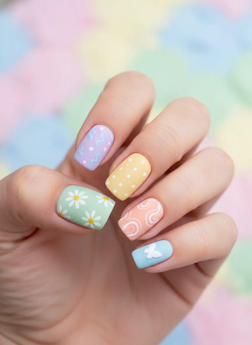 popular nail designs for the spring season matte mismatched color blocking