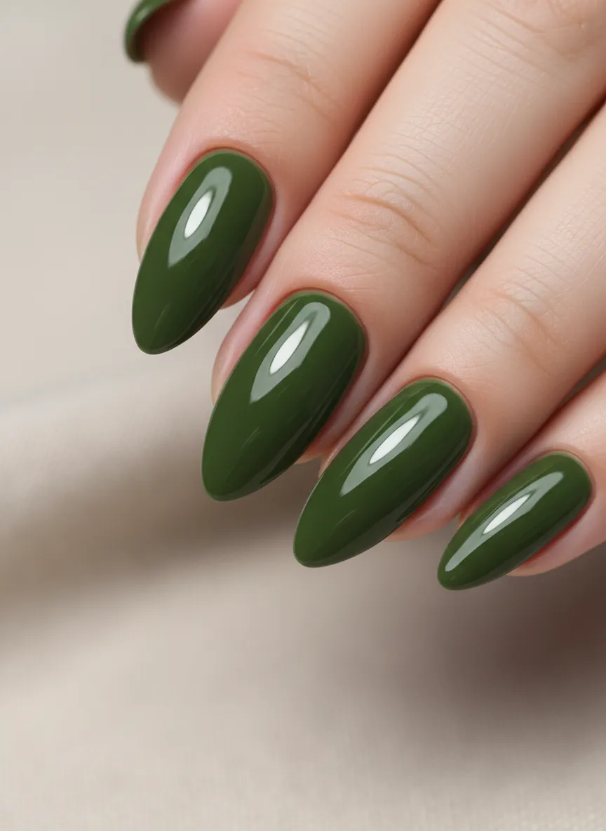 Classic glossy stunning olive green nail ideas on almond shape