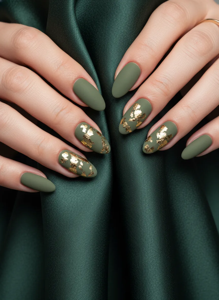 Matte finish stunning olive green nail ideas with gold foil