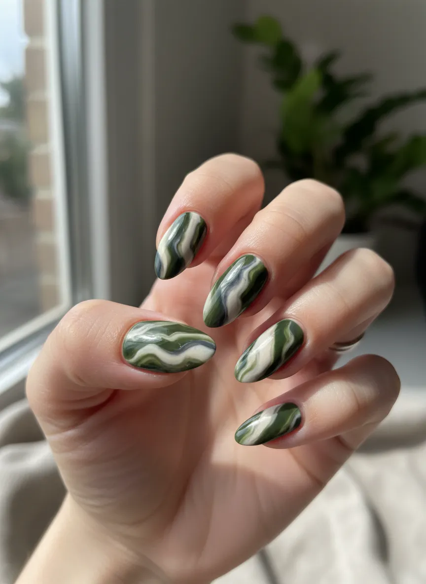 Marble stone effect stunning olive green nail ideas
