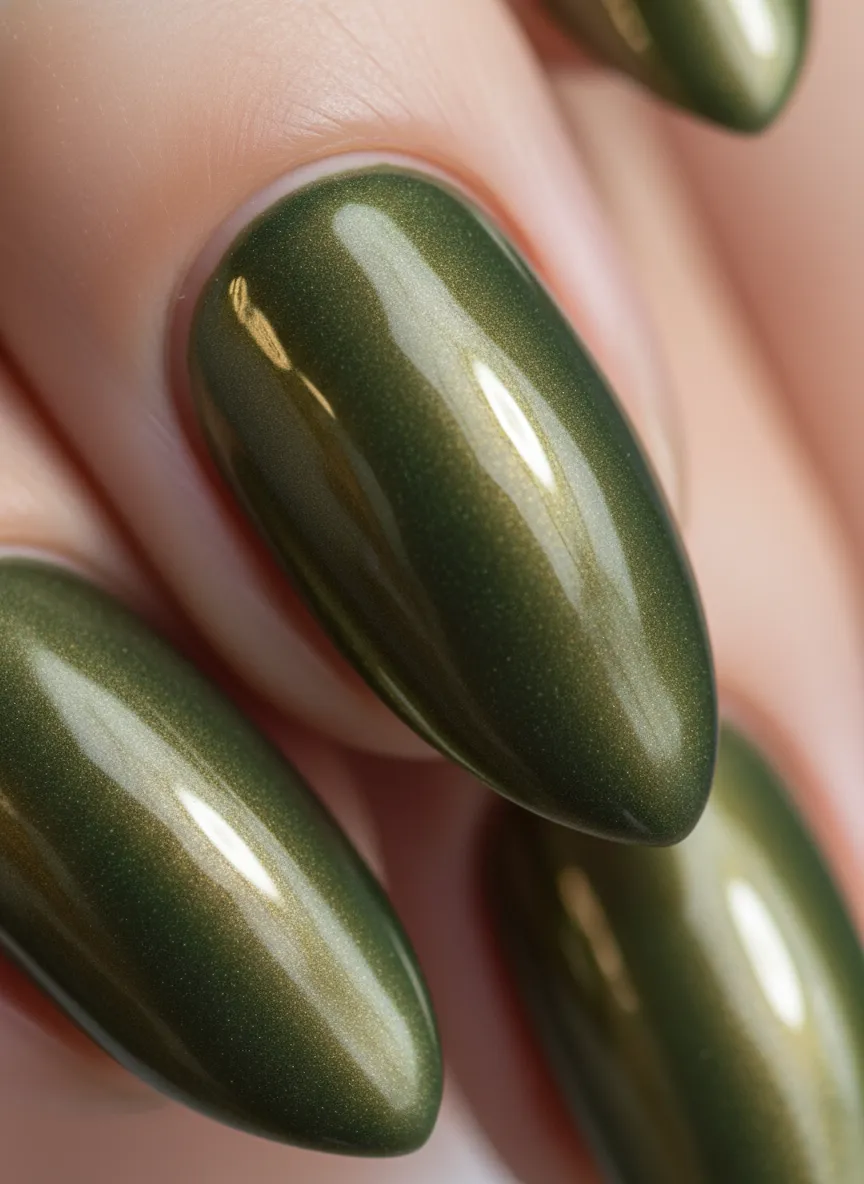 Mirror chrome stunning olive green nail ideas